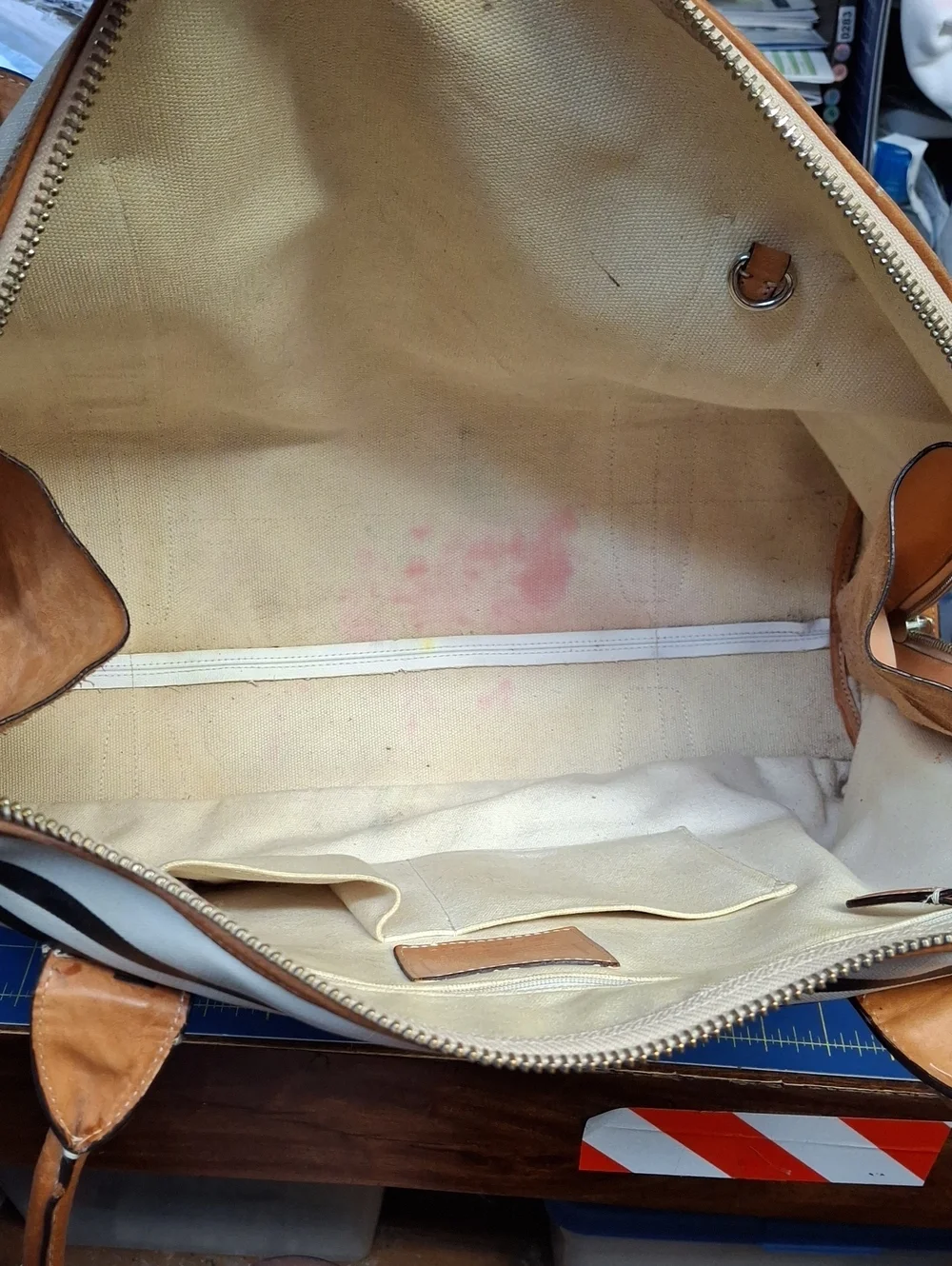 COACH Black & White Striped Tote with Tan Leather Trim Preloved